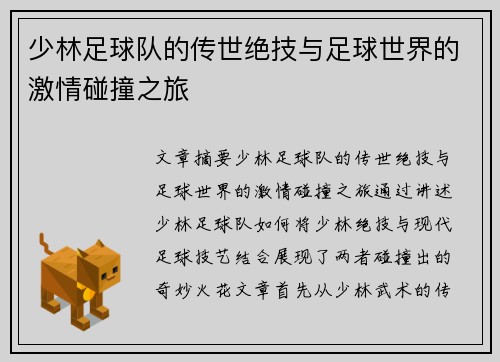 少林足球队的传世绝技与足球世界的激情碰撞之旅
