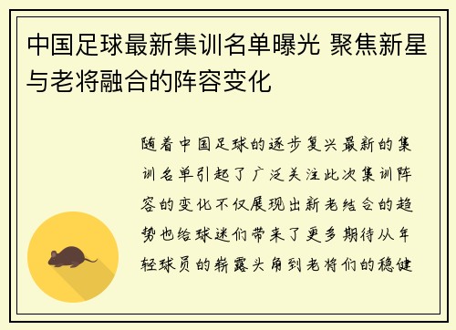 中国足球最新集训名单曝光 聚焦新星与老将融合的阵容变化