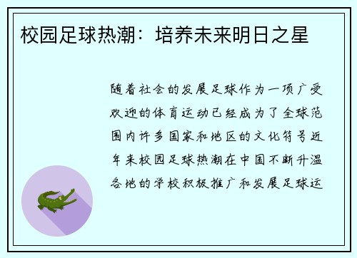 校园足球热潮：培养未来明日之星