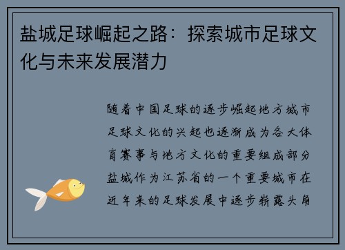 盐城足球崛起之路：探索城市足球文化与未来发展潜力