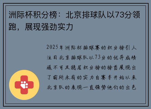 洲际杯积分榜：北京排球队以73分领跑，展现强劲实力