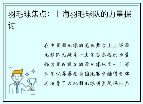 羽毛球焦点：上海羽毛球队的力量探讨