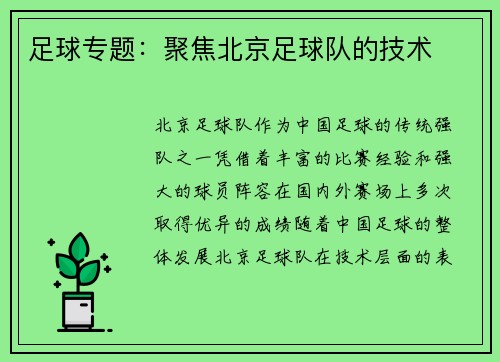 足球专题：聚焦北京足球队的技术