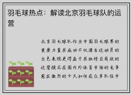 羽毛球热点：解读北京羽毛球队的运营