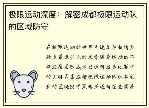 极限运动深度：解密成都极限运动队的区域防守