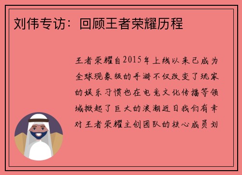 刘伟专访：回顾王者荣耀历程
