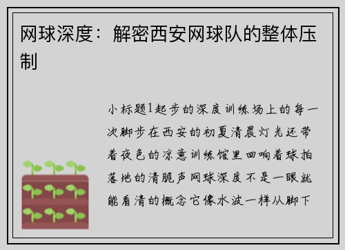 网球深度：解密西安网球队的整体压制
