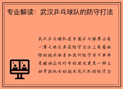 专业解读：武汉乒乓球队的防守打法